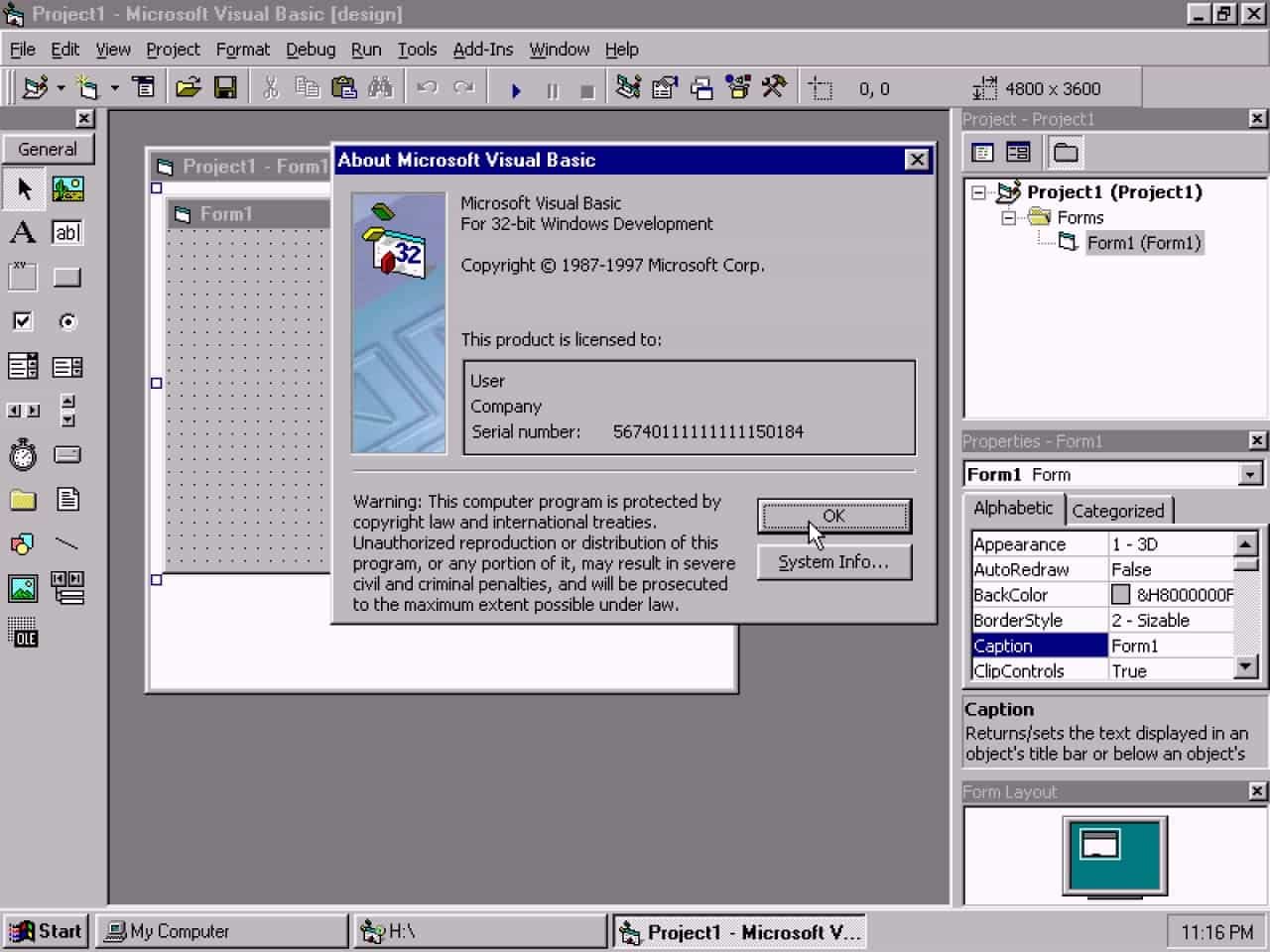 A screenshot showing the Visual Basic 5.0 starting interface. There are 21 buttons in the left panel. There's also a row of buttons on the top of the screen.